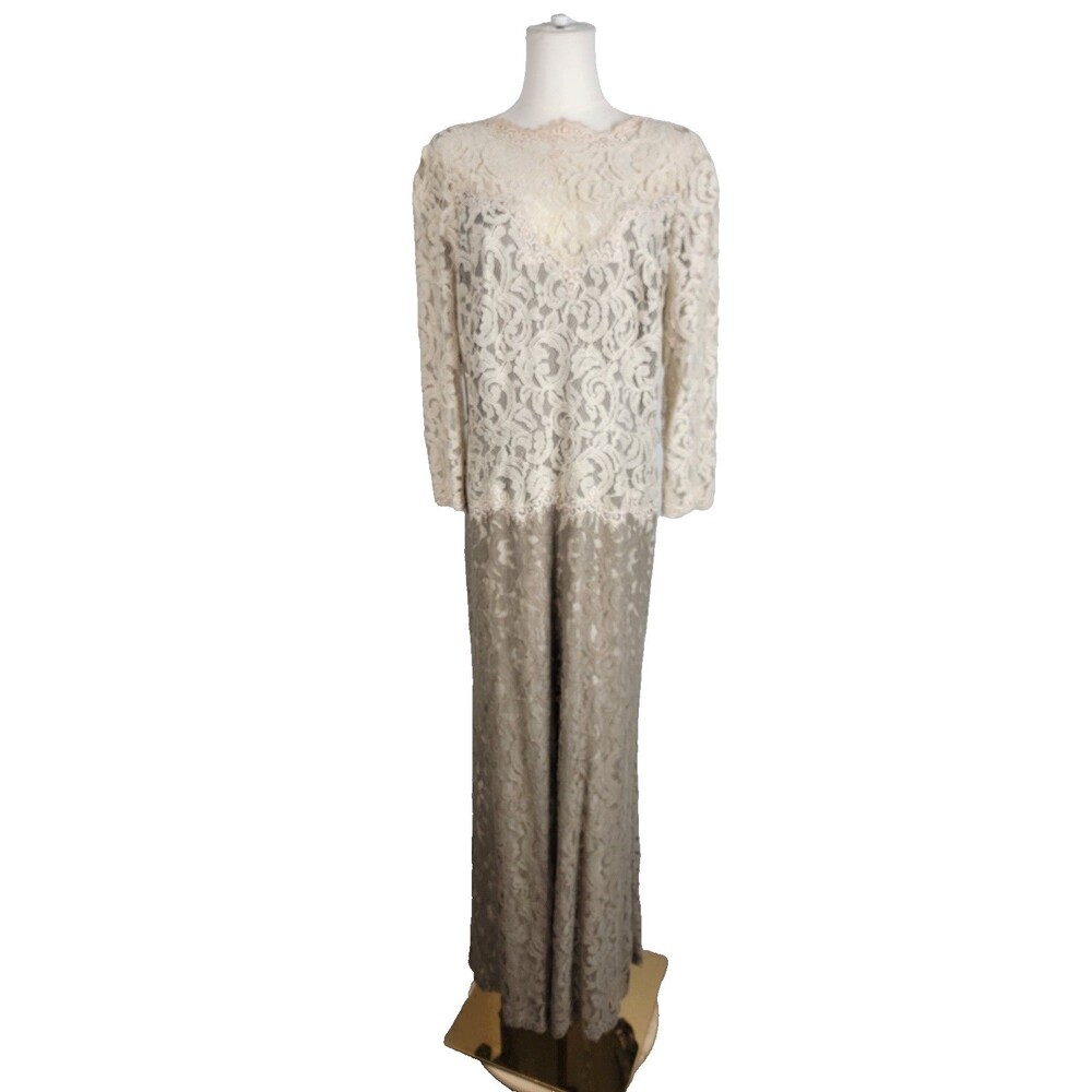 Tadashi Shoji Tan Lace Formal Evening Gown Vtg Size 14 USA Lace Mother of Bride
